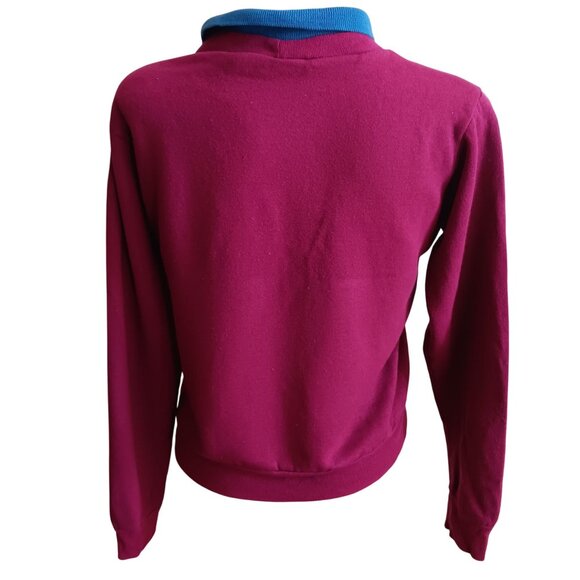 Women's Small Vintage 80's Sweatshirt Magenta Blue Collar Embroidered Horse Logo - Picture 3 of 7